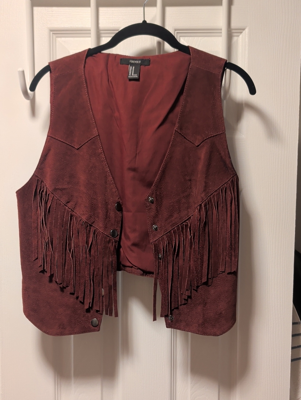 Forever 21 Wine Fringe Pig Skin Leather Vest